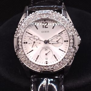 Guess Silver Watch with Black Leather Strap